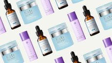 A collage of 'luxury skincare brands' including Tatcha, SkinCeuticals and Kate Somerville cream, SPFs and serums, arranged in a diagonal, consecutive line pattern across a cream template