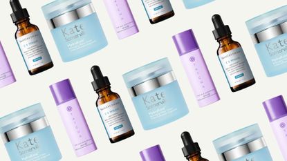 A collage of 'luxury skincare brands' including Tatcha, SkinCeuticals and Kate Somerville cream, SPFs and serums, arranged in a diagonal, consecutive line pattern across a cream template