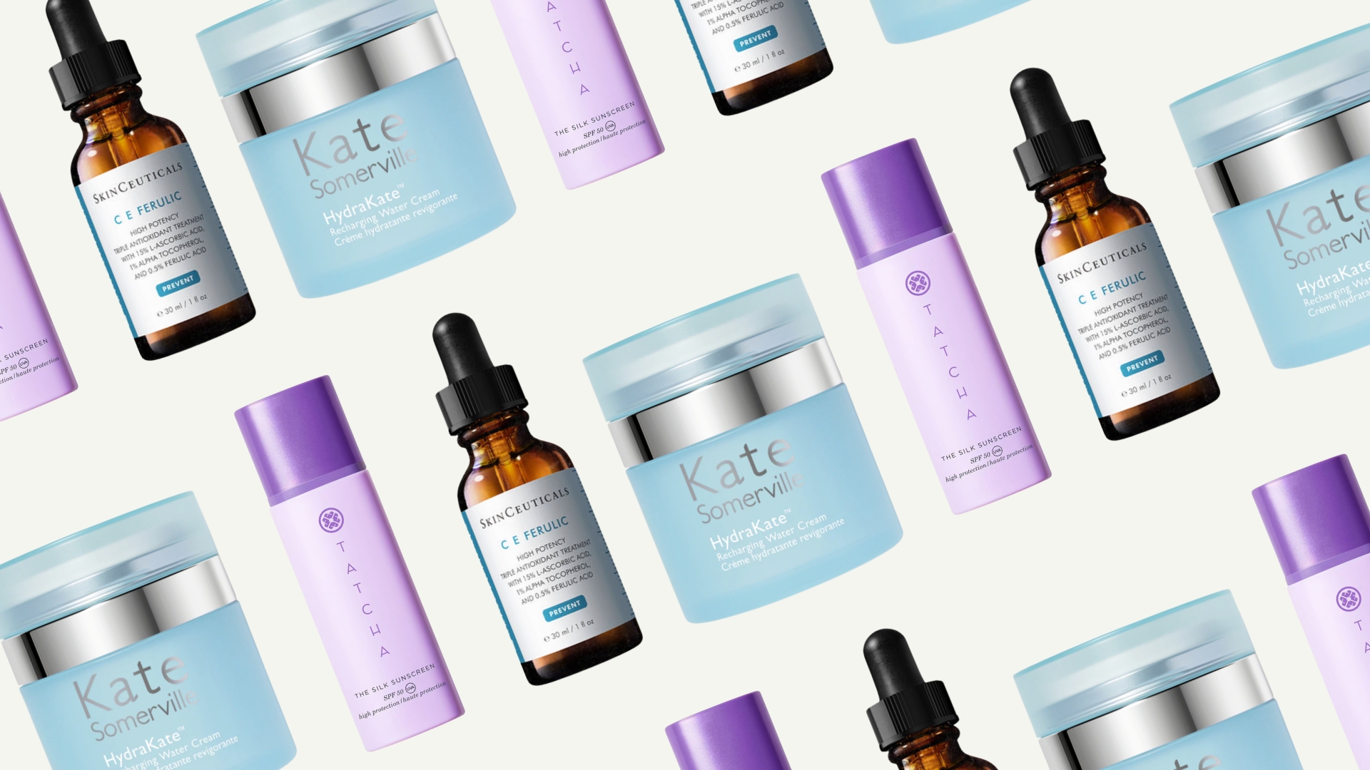 A collage of &#039;luxury skincare brands&#039; including Tatcha, SkinCeuticals and Kate Somerville cream, SPFs and serums, arranged in a diagonal, consecutive line pattern across a cream template