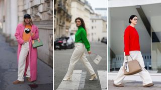 Three street style images of white jeans outfits with colour pop knitwear