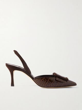 Mayslibi 70 Buckled Suede-Trimmed Croc-Effect Leather Slingback Pumps