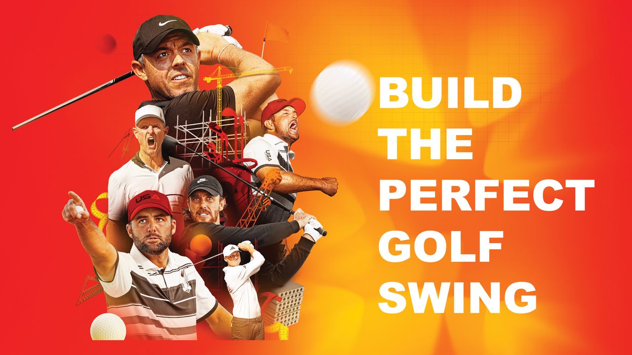 Six of the world&#039;s best players, McIlroy, Scheffler, Rose, Fleetwood, Aberg and DeChambeau layered over each other with tools you would use to design or build something, like scaffolding and a set square, with the text &#039;build the perfect golf swing&#039;
