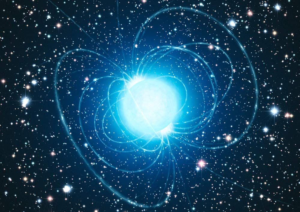 A glowing blue sphere surrounded by magnetic field lines