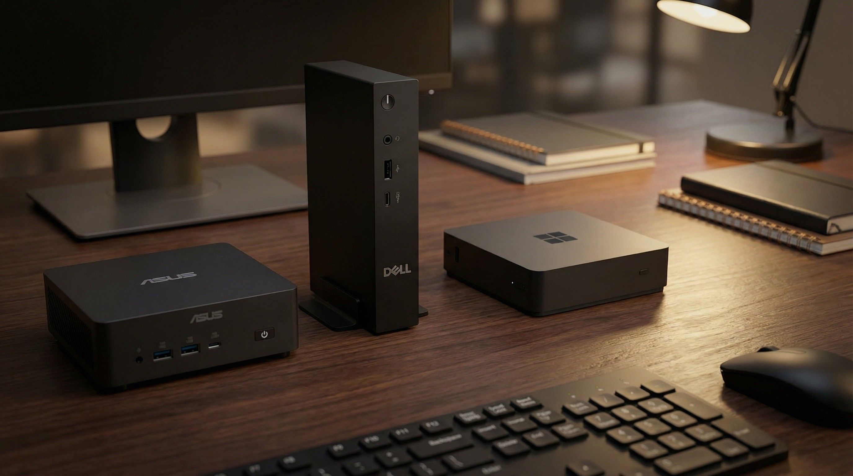 Mockup of three Cloud PCs for Windowws 365 on a desk.