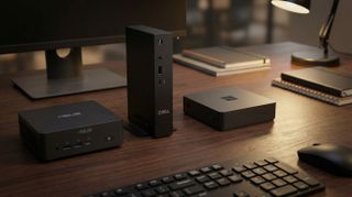 Mockup of three Cloud PCs for Windowws 365 on a desk.