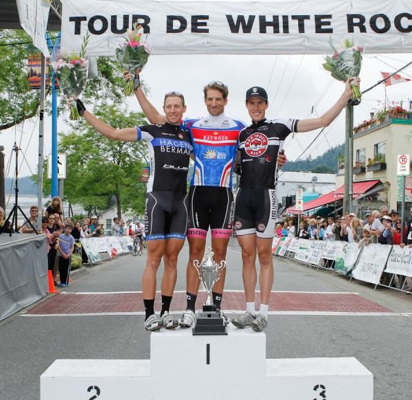 The podium: Kennett Peterson (Hagens Berman) 3rd, Dave Vukets (Trek/Red Truck Racing) 2nd, Tim Abercrombie (GarneauEvolution) 1st.