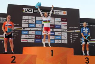 Kirsten Wild, Amalie Didericksen and Lotta Lepisto on the 2016 UCI Road World Championships elite women's road race podium