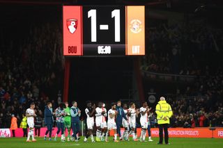 Elijah Adebayo of Luton Town scores their team's first goal during the Premier League match between AFC Bournemouth and Luton Town at Vitality Stadium on December 16, 2023 in Bournemouth, England. (Photo by Warren Little/Getty Images)