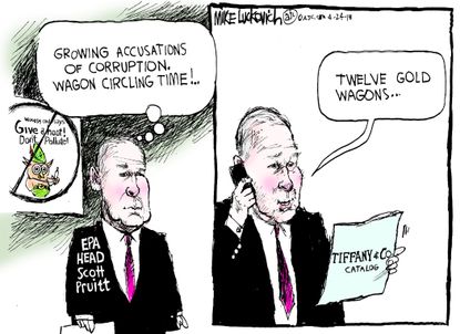 Political cartoon U.S. Scott Pruitt EPA corruption circle the wagons