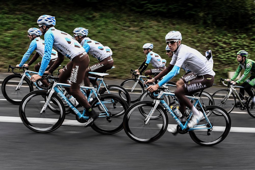 Members of the AG2R La Mondiale cycling team ride their bikes during a training session in Saint-Lo a day before the start of the 2016 Tour de France