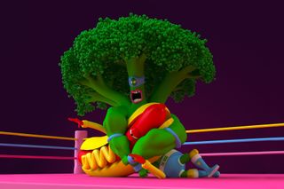 Broccoli man wrestling a hotdog