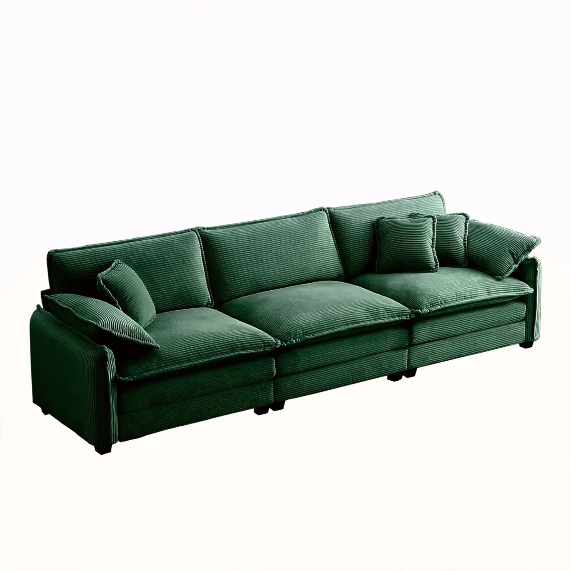 Mid-Century Modern 3-Seater Sectional Sofa With 2 Arm Pillows And 3 Throw Pillows,Green Corduroy Fabric