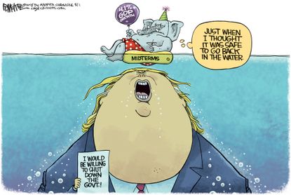 Political cartoon U.S. Trump GOP government shutdown GDP growth midterms Jaws