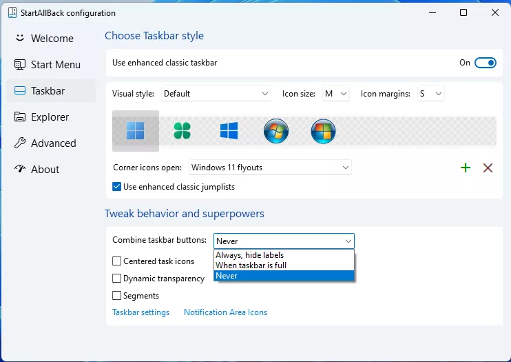 StartAllBack Never combine taskbar buttons