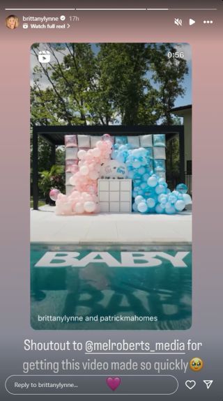 Brittany Mahomes posting an Instagram story of her gender reveal reel, she wrote: "Shoutout to @melroberts_media for getting this video made so quickly."