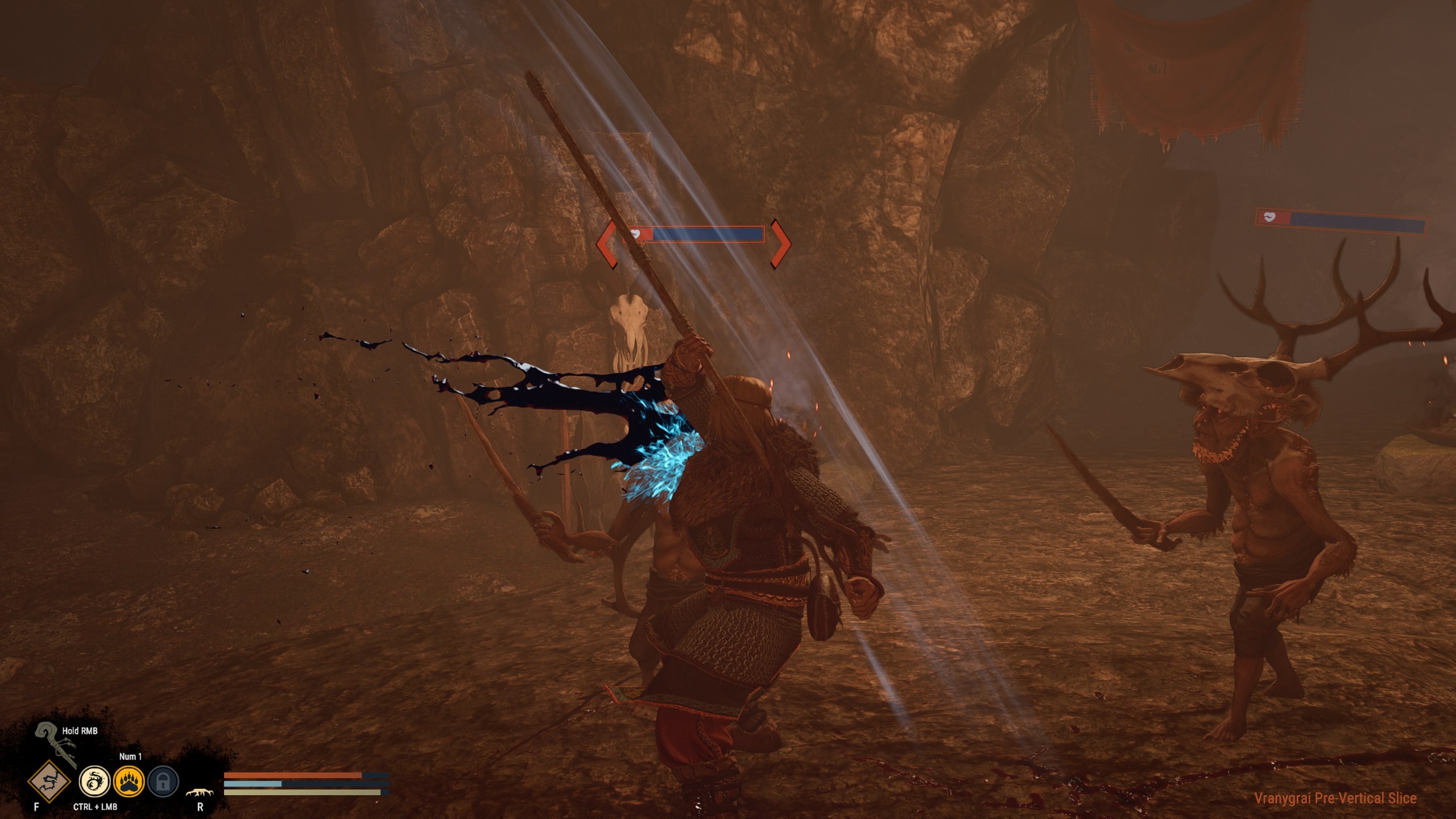 Vranygrai demo screenshot of melee combat against antlered goblin enemies, with a depleted health bar above one of their heads