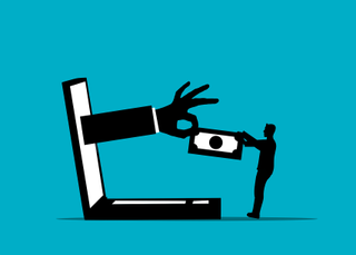 An illustration showing an arm coming out of latop taking money from the laptop's user. 