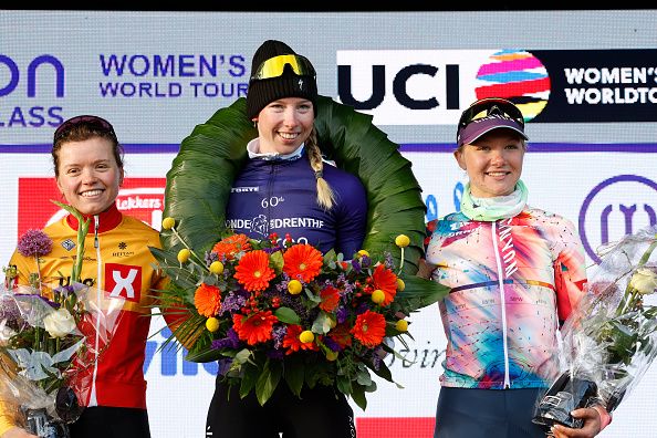 HOOGEVEEN NETHERLANDS MARCH 11 LR Susanne Andersen of Norway and UnoX Pro Cycling Team on second place race winner Lorena Wiebes of The Netherlands and Team SD Worx and Maike Van Der Duin of The Netherlands and Team CanyonSRAM Racing on third place pose on the podium ceremony after the 19th Miron Womens WorldTour Ronde van Drenthe 2023 Womens a 94km one day race from VAMberg to Hoogeveen RondevDrenthe UCIWWT on March 11 2023 in Hoogeveen Netherlands Photo by Bas CzerwinskiGetty Images