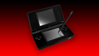 A photo of a DS Lite on a gradient background