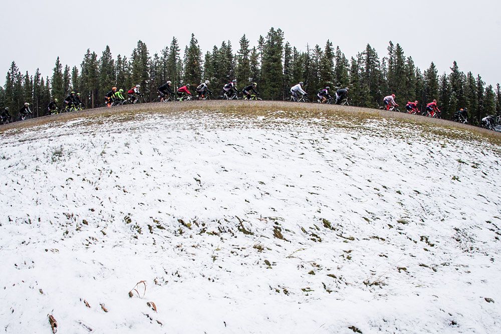 Overnight snow stuck to the ground during the morning of stage 3 at the Tour of Alberta
