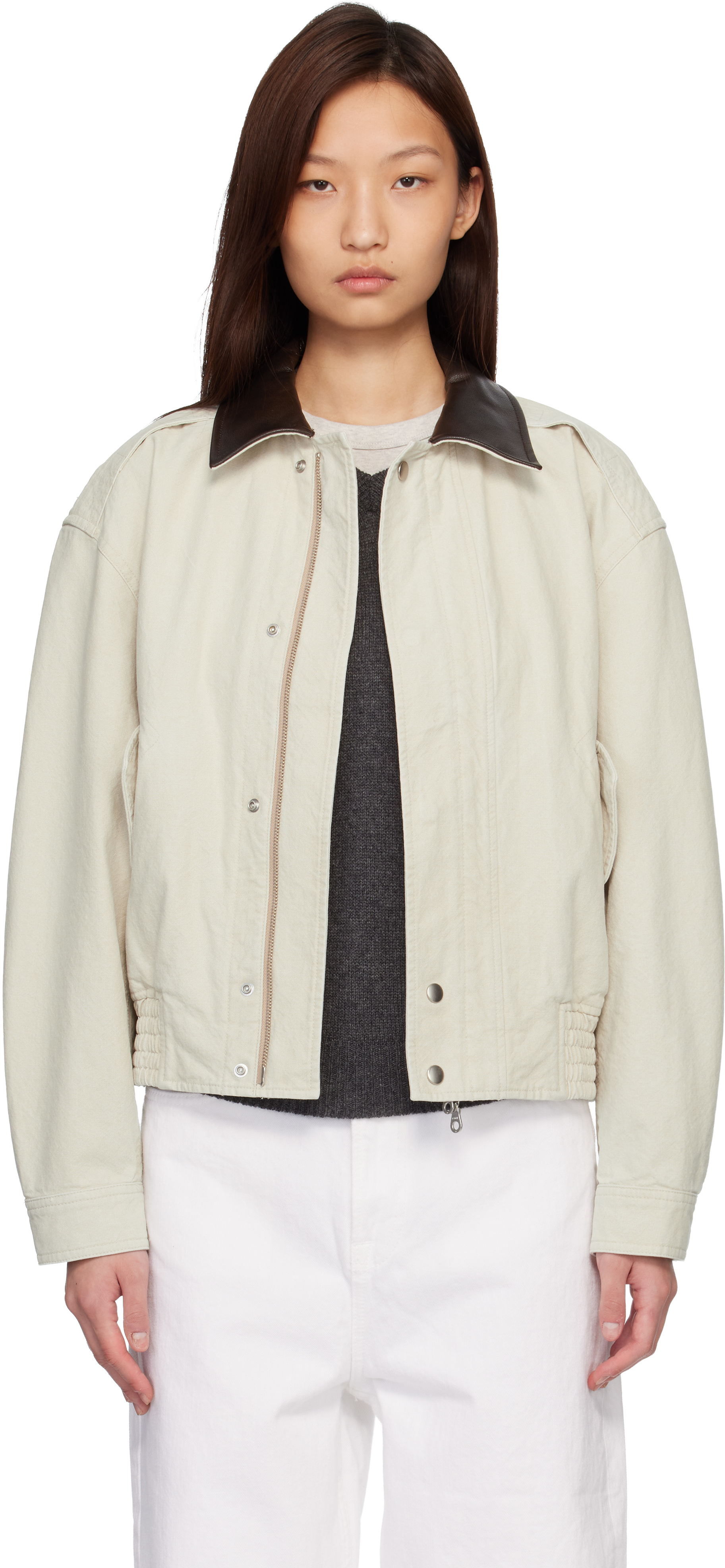 Beige Leather Collar Washed Cationized Bomber Jacket