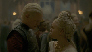 Daemon and Rhaenyra at her wedding feast in House of the Dragon