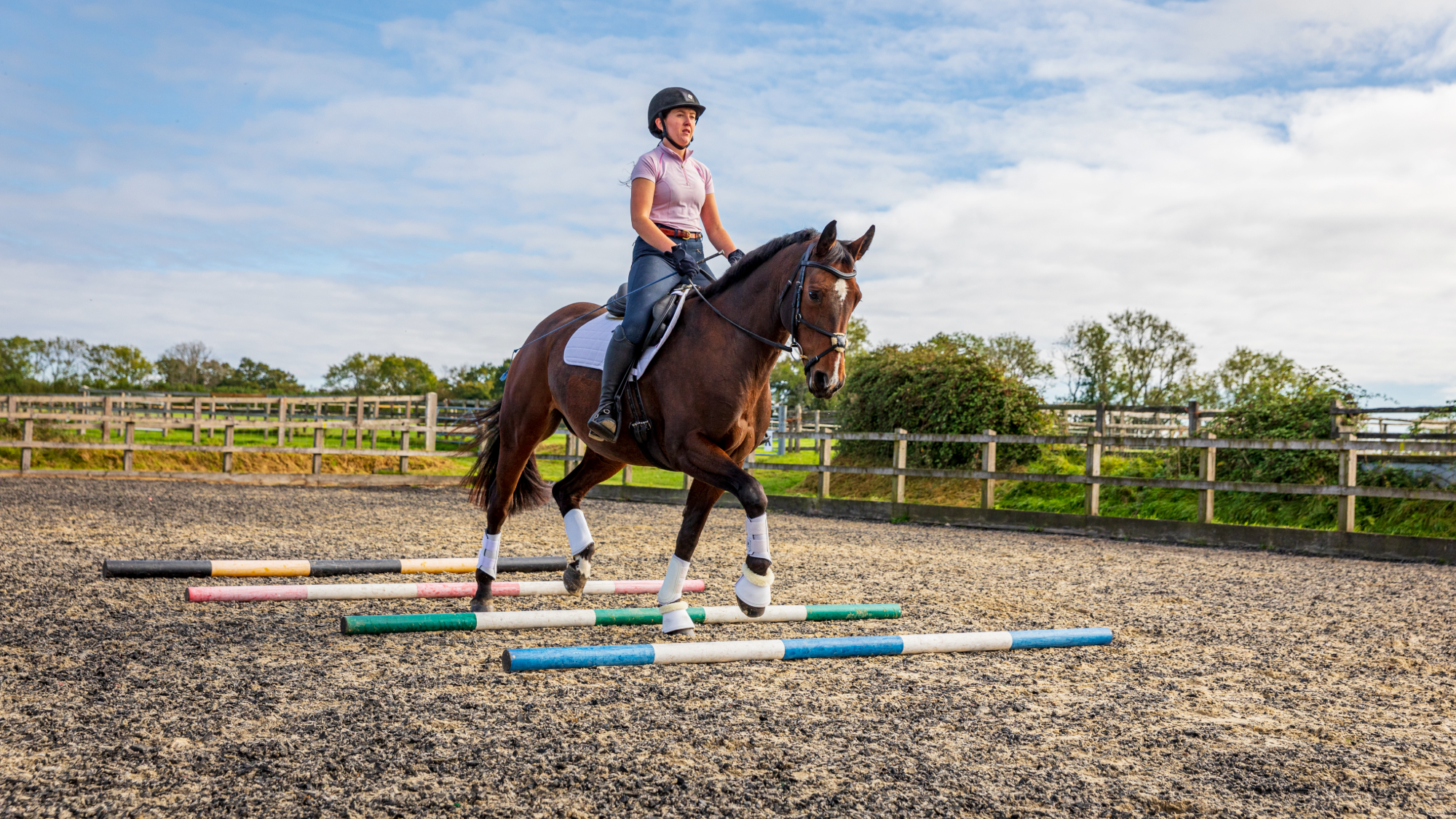 Woman rides a bay horse over colourful striped trotting poles in an outdoor riding arena.