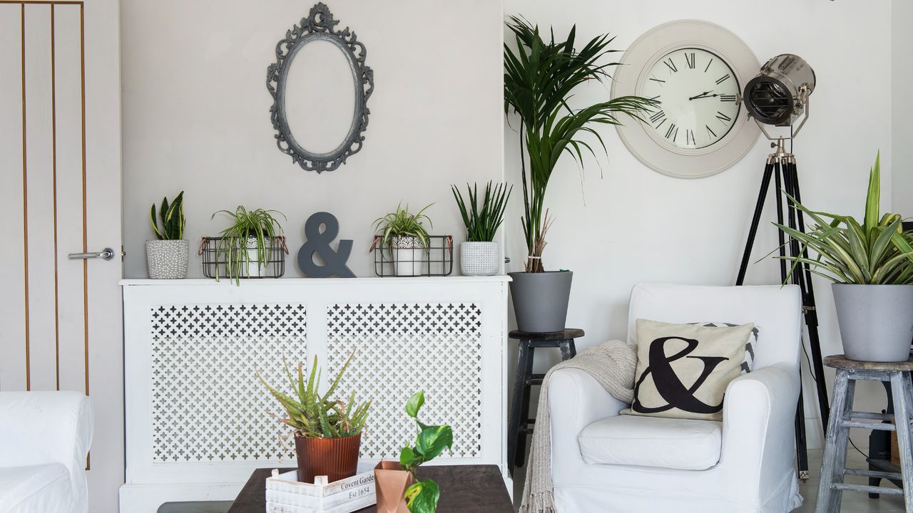 A living room with a radiator cover used as a display shelf