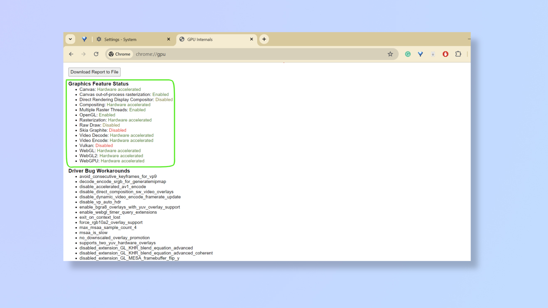 Скриншот Google Chrome, показывающий сведения о графическом процессоре. 