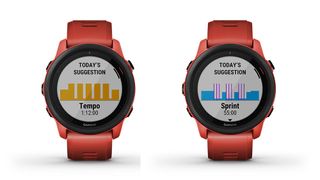 Two Garmin Forerunner 745 screens, one showing tempo workout suggestion, the other sprint workout suggestion