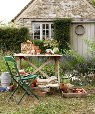 Potting table with garden tools