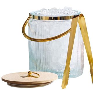 Glass Ice Bucket with Airtight Lid, Ice Tong Scooper and Handle - 3L Ribbed Beverage Tub Cocktail Home Bar Accessories, Wine, Beer - Chiller for Parties, Champagne Drink Tub Cooler with Hinged Handles
