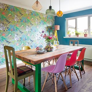 colourful dining room with wallpaper