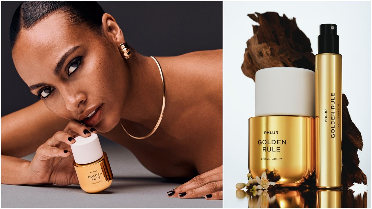 Split image of model wearing gold jewelry holding up bottle of phlur golden rule perfume with still life image of phlur golden rule perfume bottles against wood and flowers on grey background 