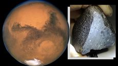 On the left, an image of Mars. On the right, the black beauty meteorite.