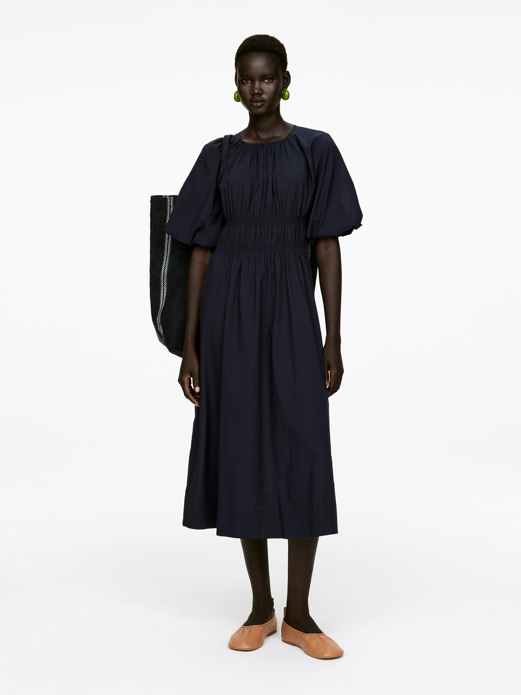 Volume-Sleeve Dress 
 Dark Blue 
 Women 
 Arket Gb