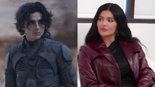 From left to right: Timothee Chalamet in a still suit in Dune and Kylie Jenner looking to the left in The Kardashians. 