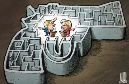 Political cartoon U.S. Trump Clinton guns debate maze