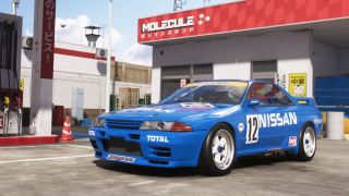 Forza Horizon 6 Series 1: The 1990 Nissan #12 Skyline GT-R (BNR32 Gr.A) JTC parked at a gas station.