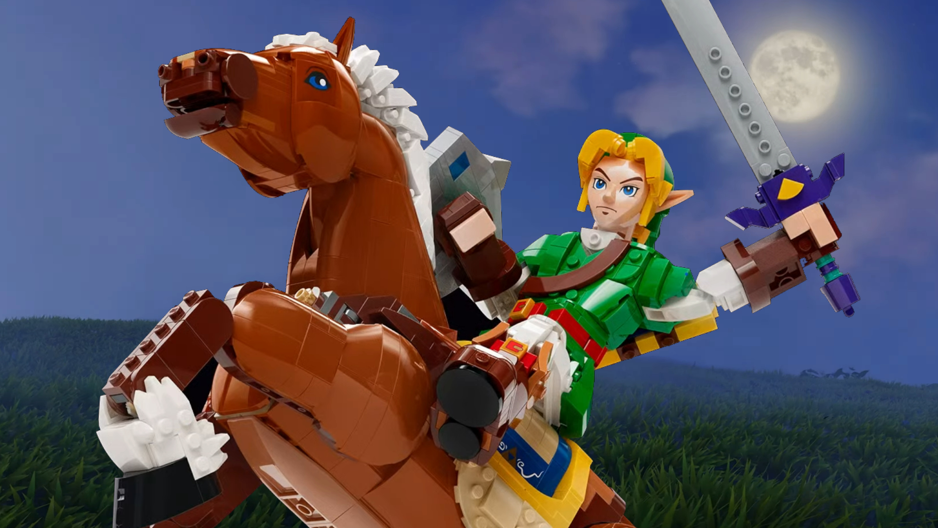 Lego Link &amp; Epona against a nighttime scene of Hyrule field