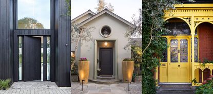 Three examples, of, should a front door be lighter or darker than a house? Black door on modern black barn, black door on gray house, bright yellow door and porch.