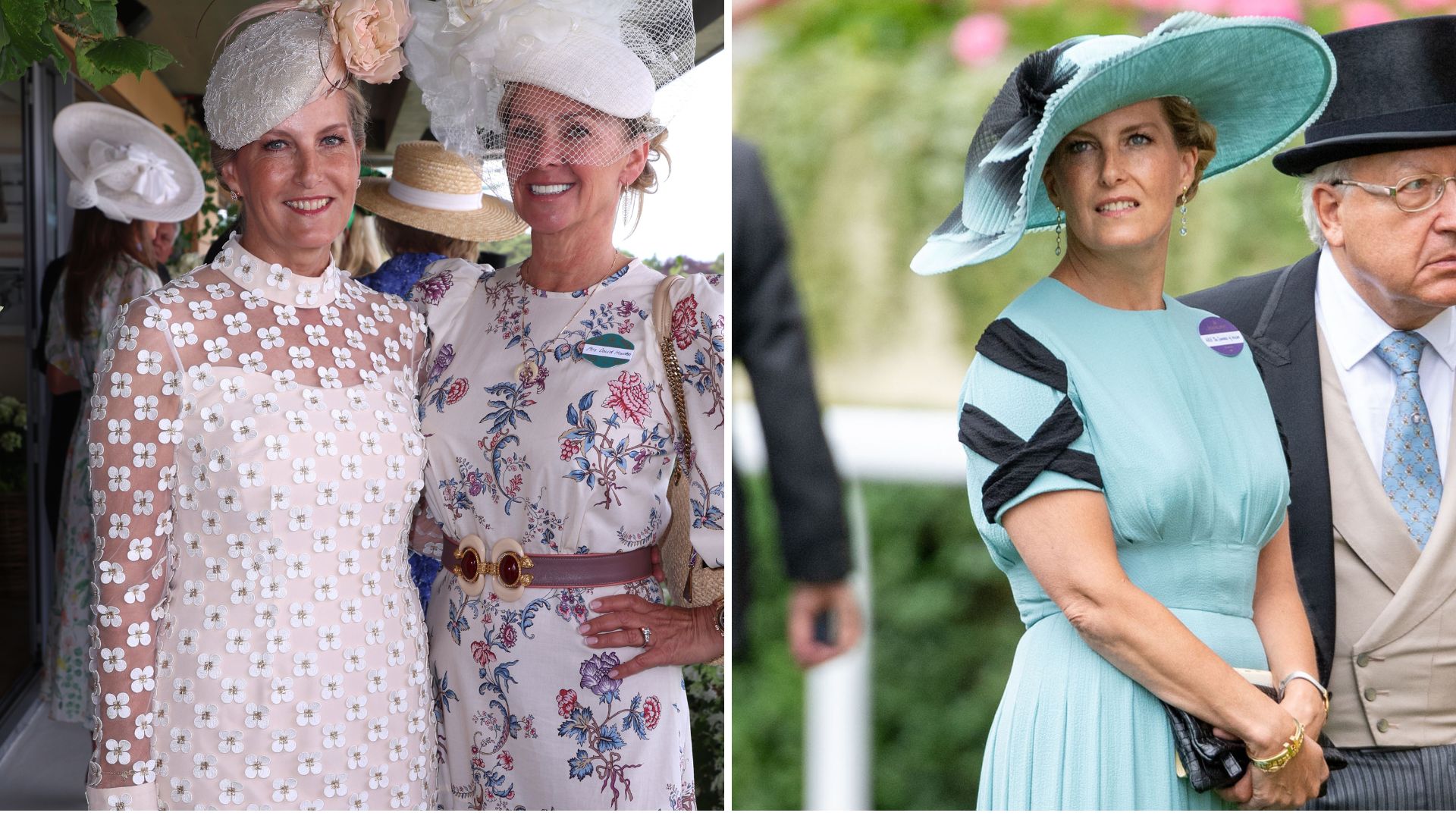 Composite of a picture of Duchess Sophie on Day 1 of Royal Ascot 2025 and a picture of her wearing a jumpsuit at Ascot in 2018