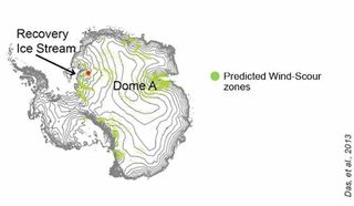 Approximately 7 percent of Antarctica is covered by wind-scour zones (marked in green) where snow is persistently swept away by high-powered winds.