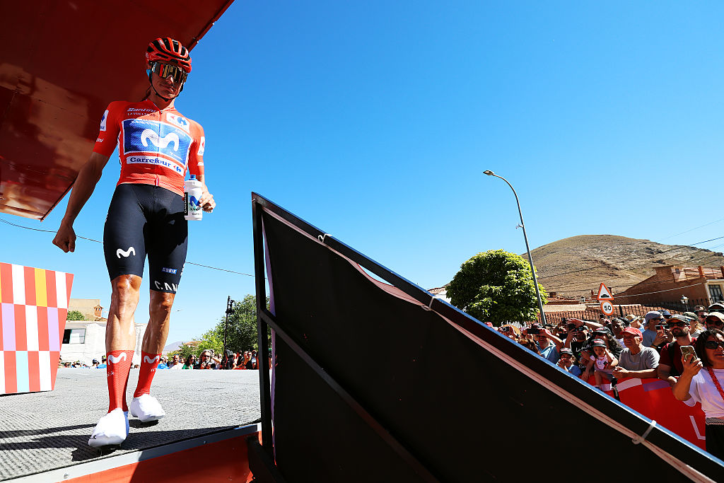LA CALAHORRA, SPAIN - SEPTEMBER 12: Enric Mas of Spain and Movistar Team - Red Leader Jersey prior to the La Vuelta - 81st Tour of Spain 2026, Stage 20 a 210.8km stage from La Calahorra to Collado del Alguacil 1887m / #UCIWT / on September 12, 2026 in La Calahorra, Spain. (Photo by Alexander Hassenstein/Getty Images)