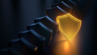 A glowing golden shield, in a shadowy environment to represent stealthy malware. 