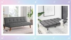 A pastel ombre background with two gray sleeper sofa pictures