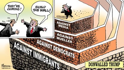 Political cartoon U.S. Trump build a wall media democrats Robert Mueller immigrants