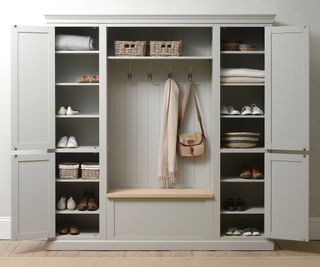 grey hallway cupboard with seating and shelving