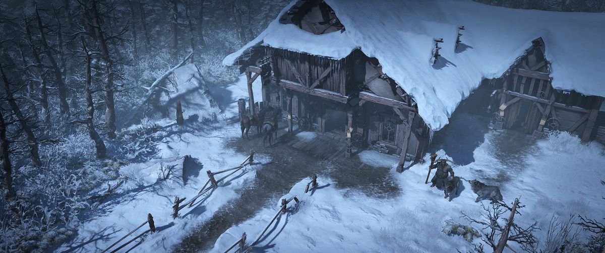 A cozy building in the snowy Fractured Peaks of Diablo IV