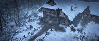 A cozy building in the snowy Fractured Peaks of Diablo IV